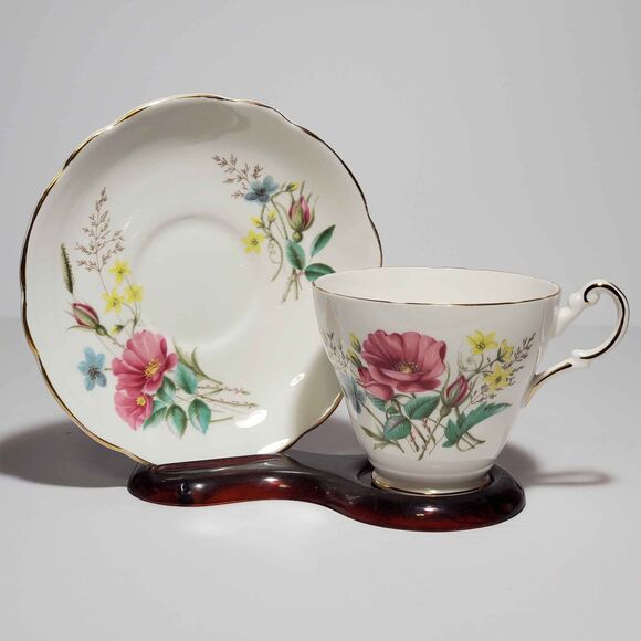 Regency Teacup and Saucer Pink Blue Yellow Flowers Vintage - Picture 1 of 9